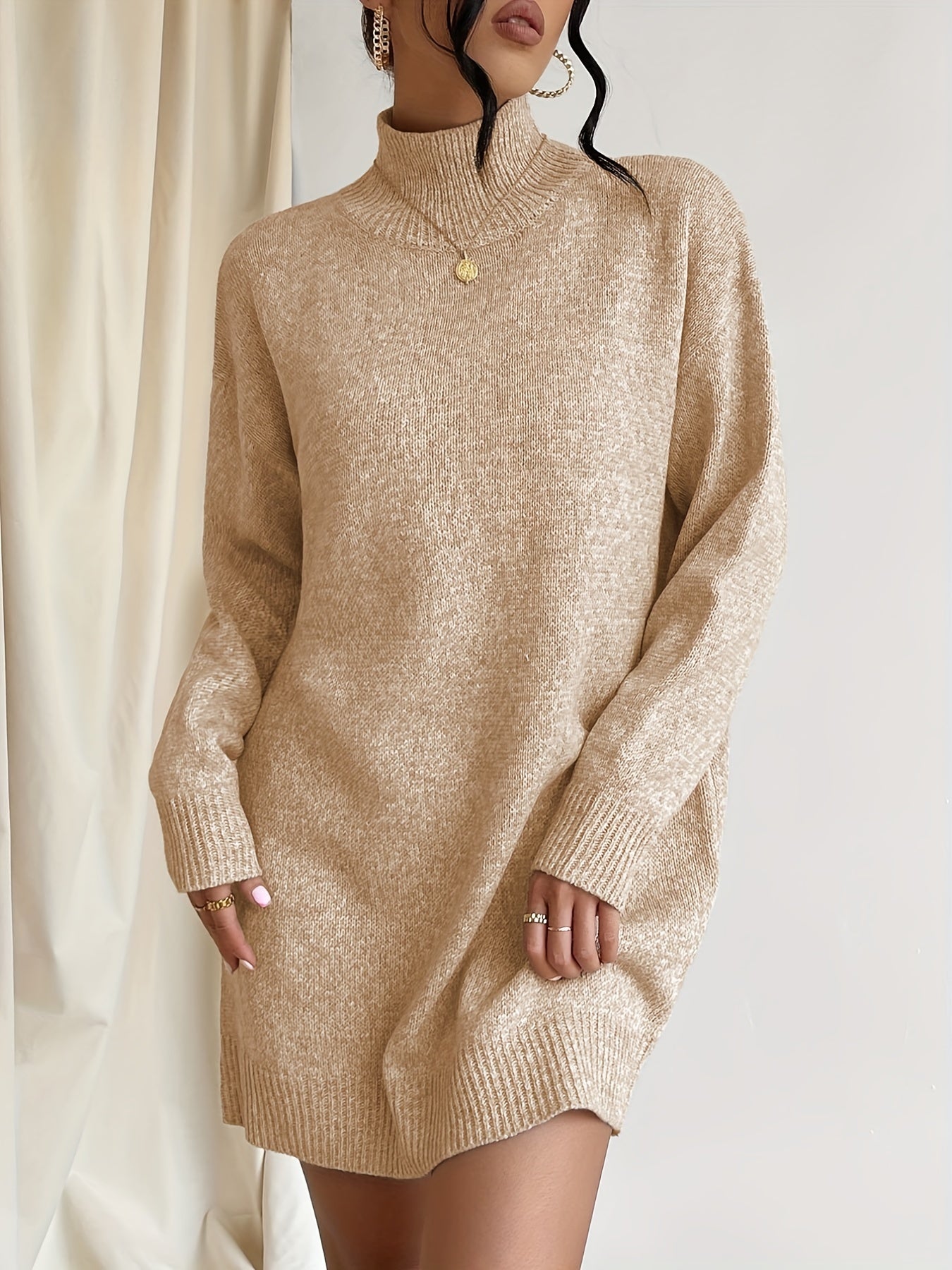 gbolsos High Neck Solid Dress, Casual Long Sleeve Knitted Mini Dress, Women's Clothing