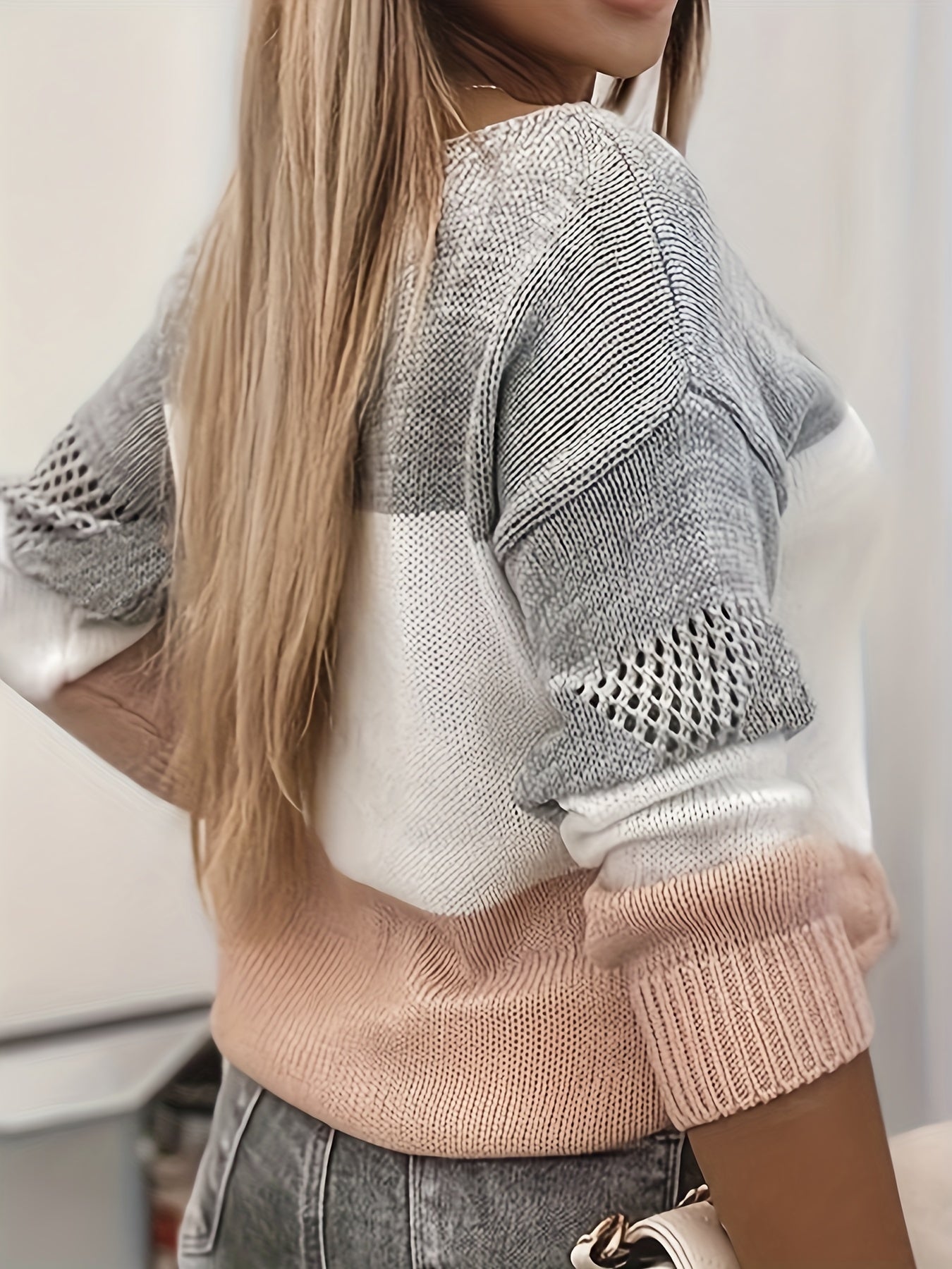 gbolsos Color Block Cut Out Sweater, Casual Long Sleeve Sweater For Spring & Fall, Women's Clothing