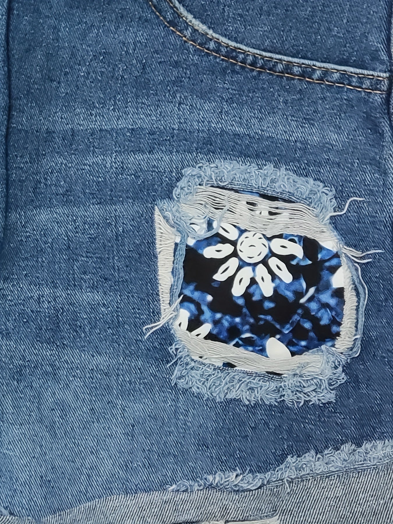 gbolsosBlue Rolled Hem Denim Shorts, Slim Fit Ripped Floral Print Slash Pockets Short Denim Pants, Women's Denim Jeans & Clothing
