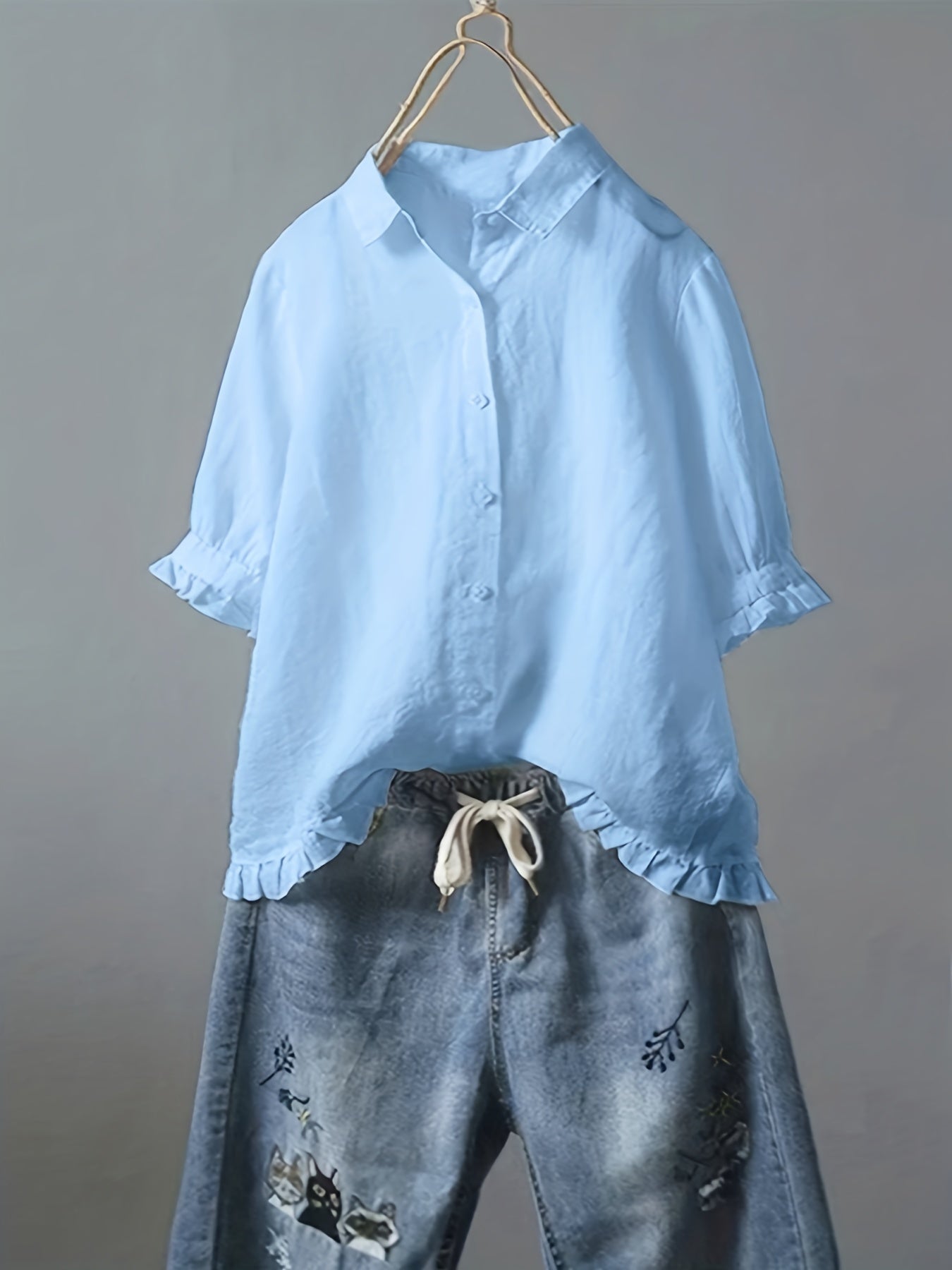 Solid Ruffle Trim 3/4 Sleeve T-Shirt, Casual All-Seasons Tops, Women's Clothing