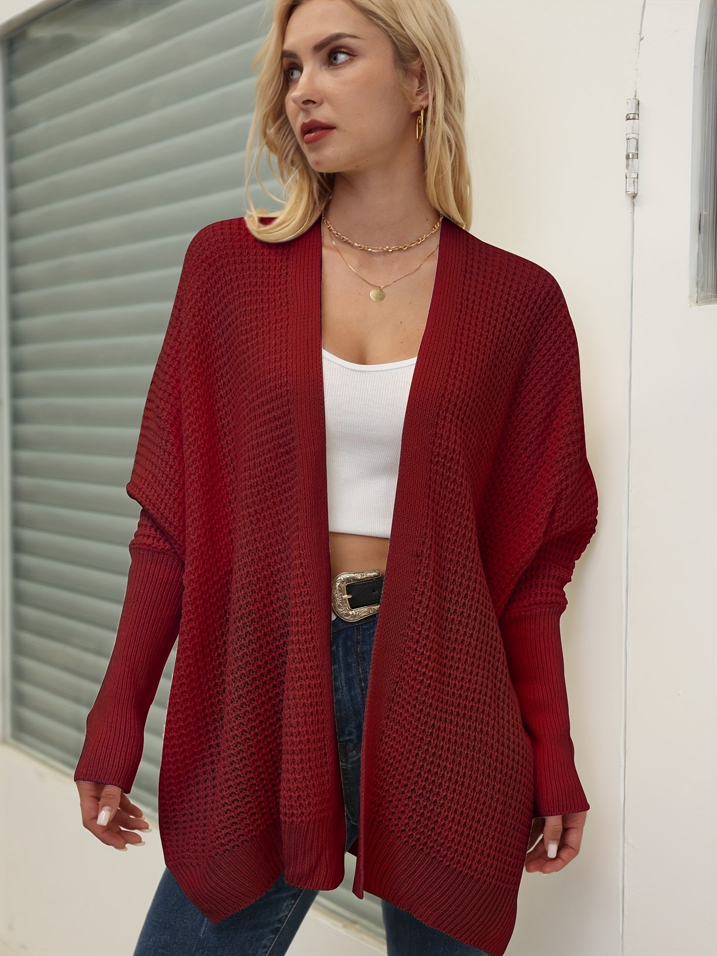 gbolsos Solid Simple Knit Cardigan, Casual Long Sleeve Open Front Sweater, Women's Clothing