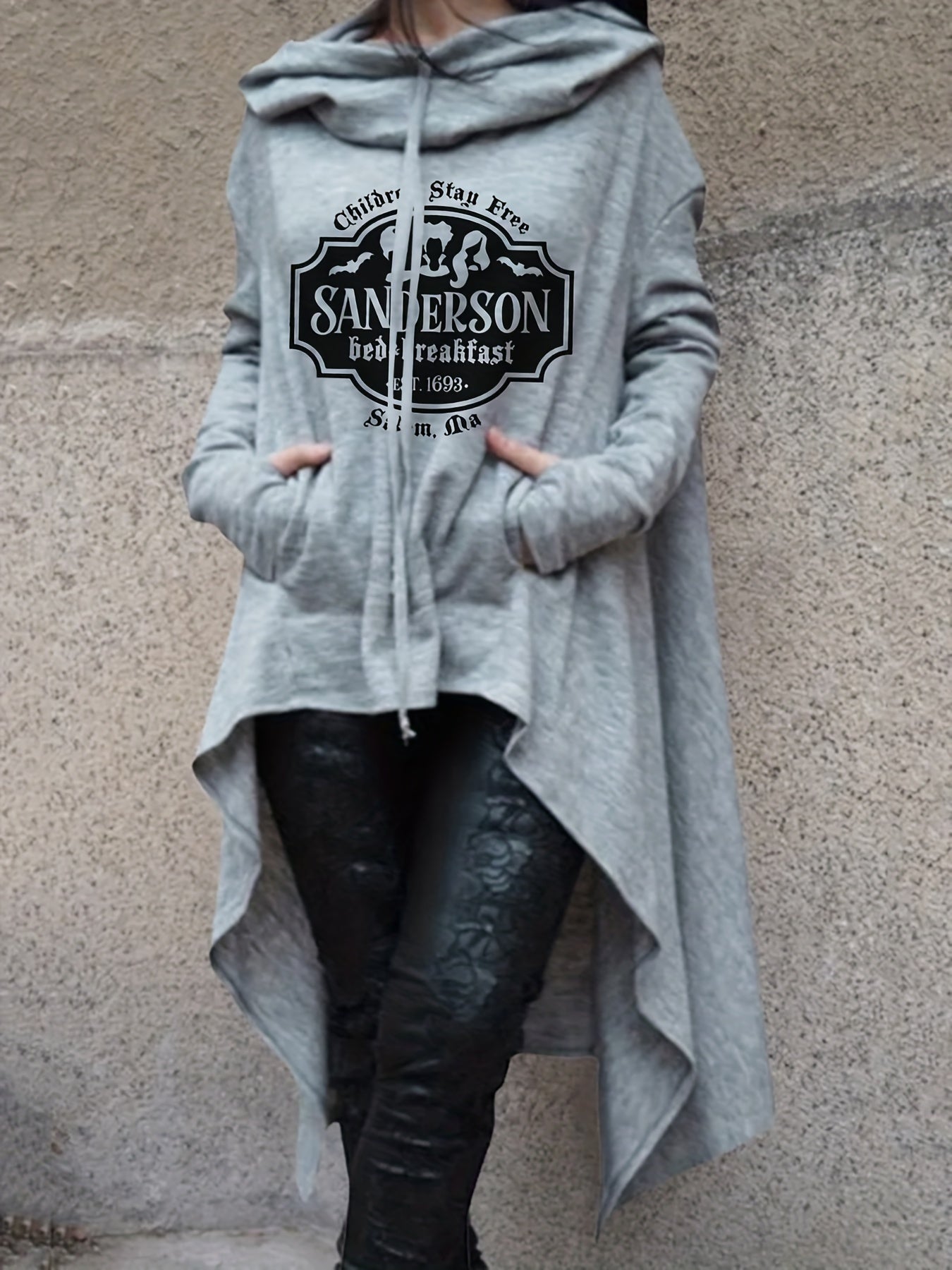Halloween Letter Print Dipped Hem Hoodie, Casual Long Sleeve Drawstring Hoodies Sweatshirt, Women's Clothing