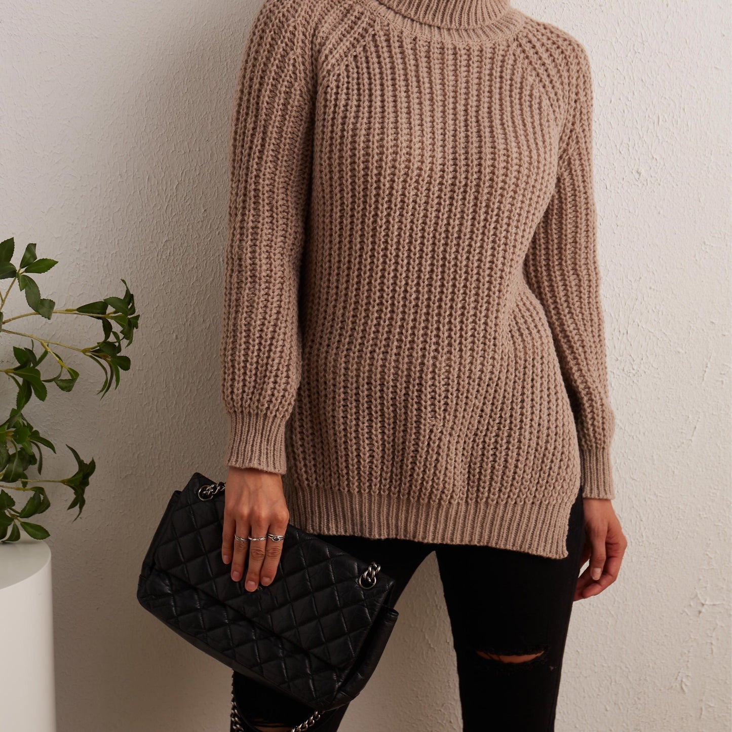 gbolsos Solid Turtleneck Oversized Sweater, Long Sleeve Side Slit Casual Sweater, Women's Clothing