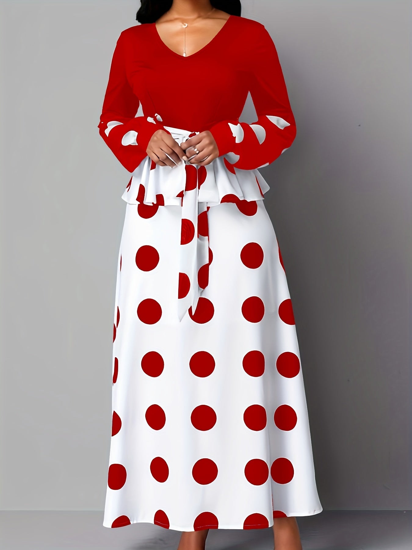 gbolsos Color Block Polka Dot V Neck Long Sleeve Dress, Elegant High Tie Waist Flared Maxi Dress, Women's Clothing