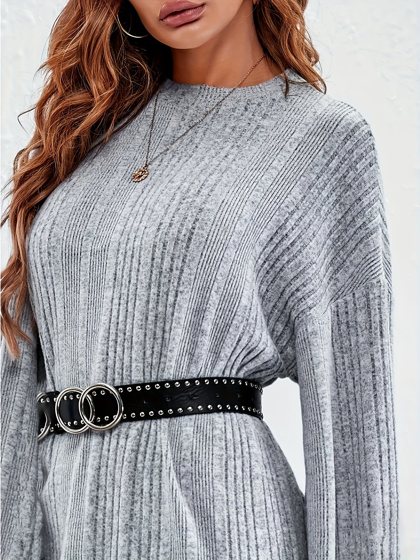 kkboxly Solid Ribbed Crew Neck T-Shirt, Casual Long Sleeve Top For Spring & Fall, Women's Clothing