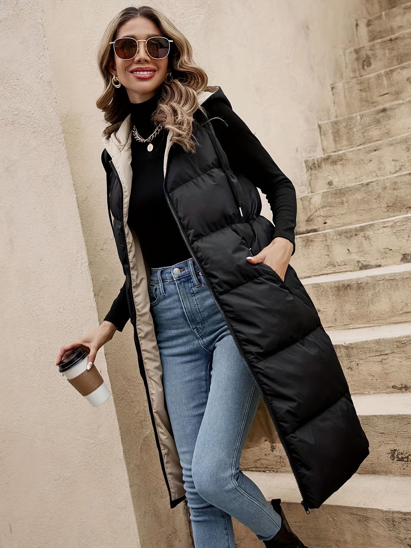 Hooded Sleeveless Coat, Casual Zipper Long Length Winter Outerwear, Women's Clothing