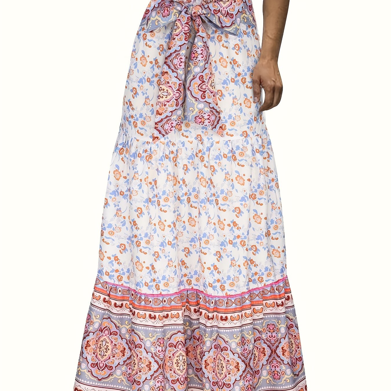 Floral Print Tie Front Skirt, Boho Skirt For Spring & Summer, Women's Clothing