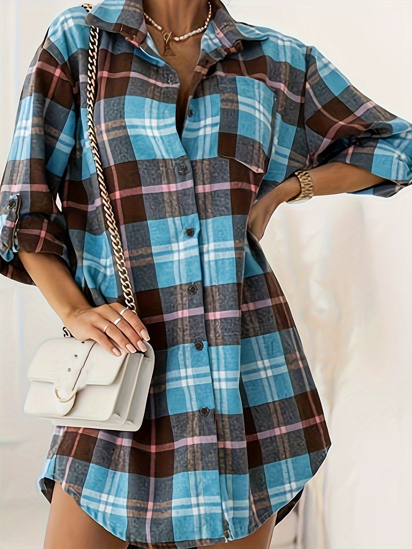 gbolsos Plus Size Casual Fall Oversized Shirt, Women's Plus Plaid Print Button Front Lapel Collar Long Shirt