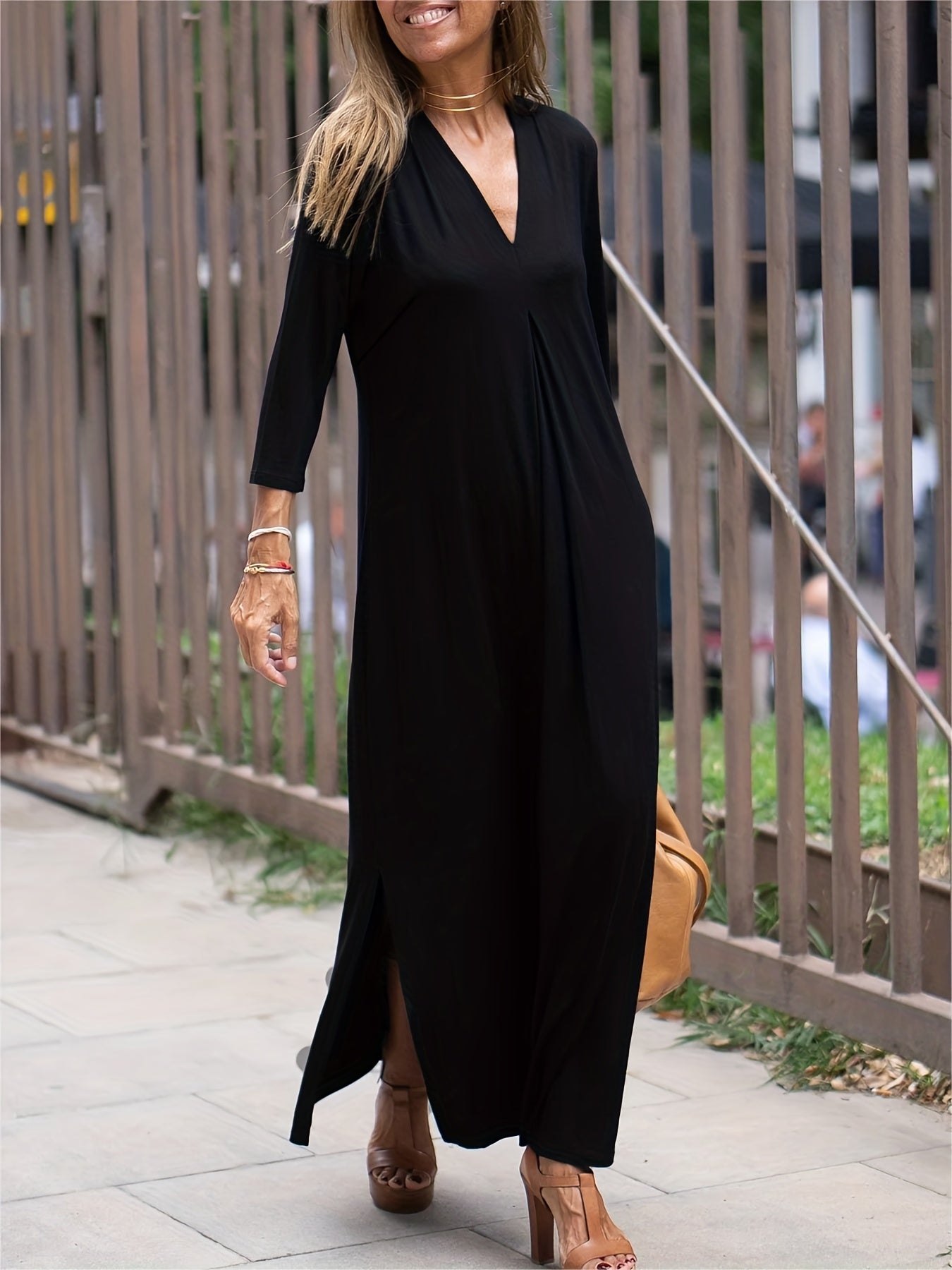 gbolsos Plus Size Casual Dress, Women's Plus Solid Long Sleeve V Neck Split Hem Maxi Dress