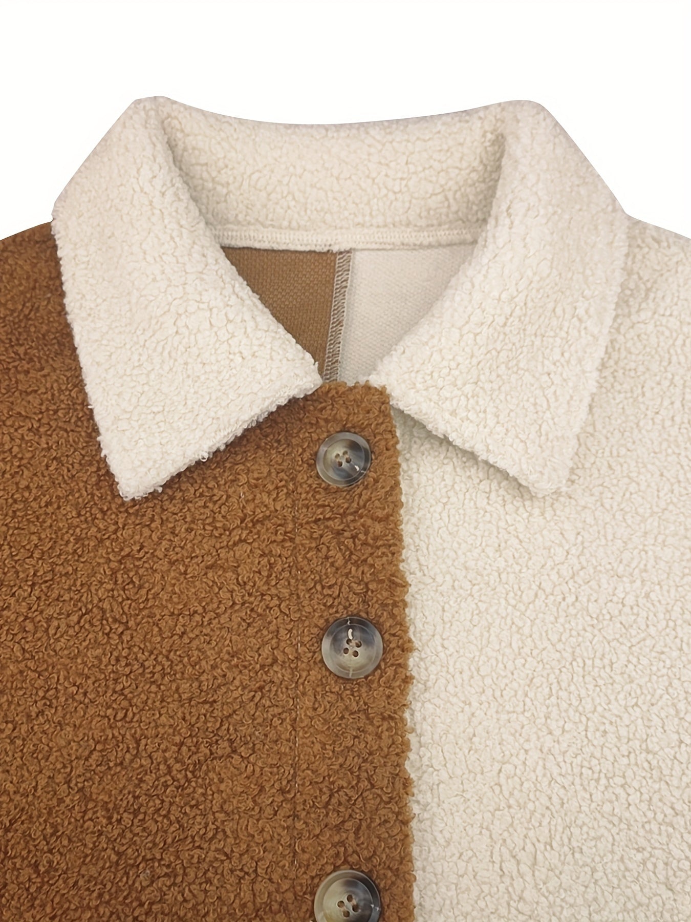 gbolsos Color Block Teddy Jacket, Casual Button Front Long Sleeve Outerwear, Women's Clothing