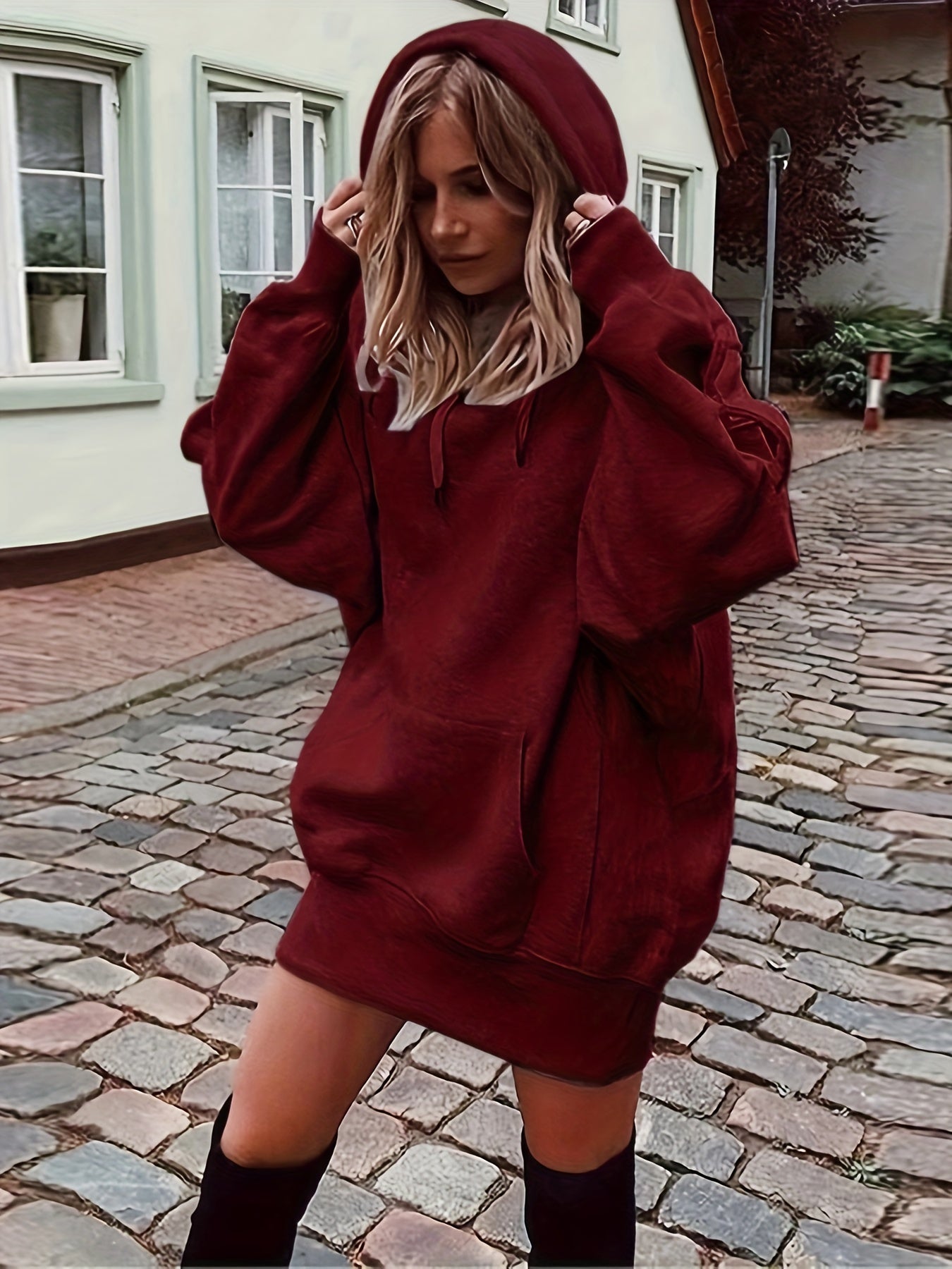 Solid Drawstring Hoodie, Casual Long Sleeve Drop Shoulder Hoodie, Women's Clothing