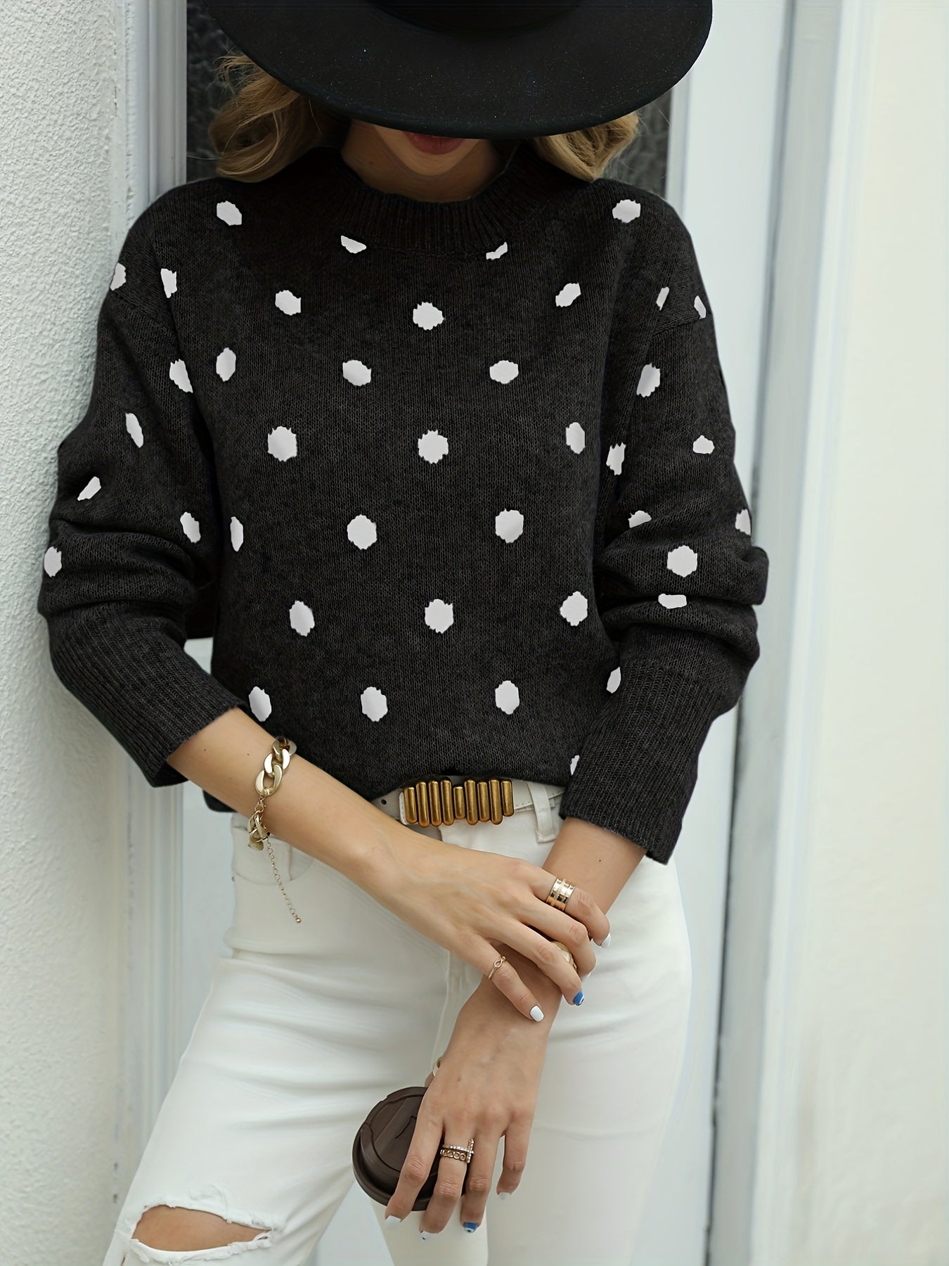 gbolsos Polka Dot Crew Neck Pullover Sweater, Casual Long Sleeve Sweater For Fall & Winter, Women's Clothing