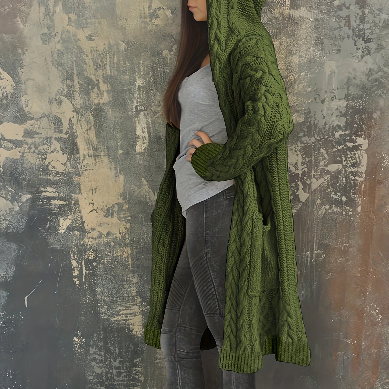 Chunky Knit Hooded Cardigan, Solid Long Open Front Sweater, Casual Cardigan For Fall & Winter, Women's Clothing