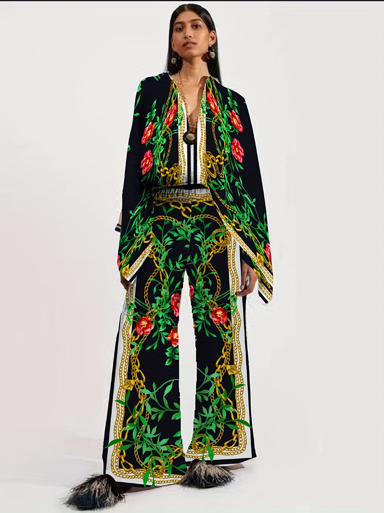 gbolsos Vacation Ethnic Print Two-piece Set, Long Sleeve Button Front Blouse & High Waist Wide Leg Pants Outfits, Women's Clothing