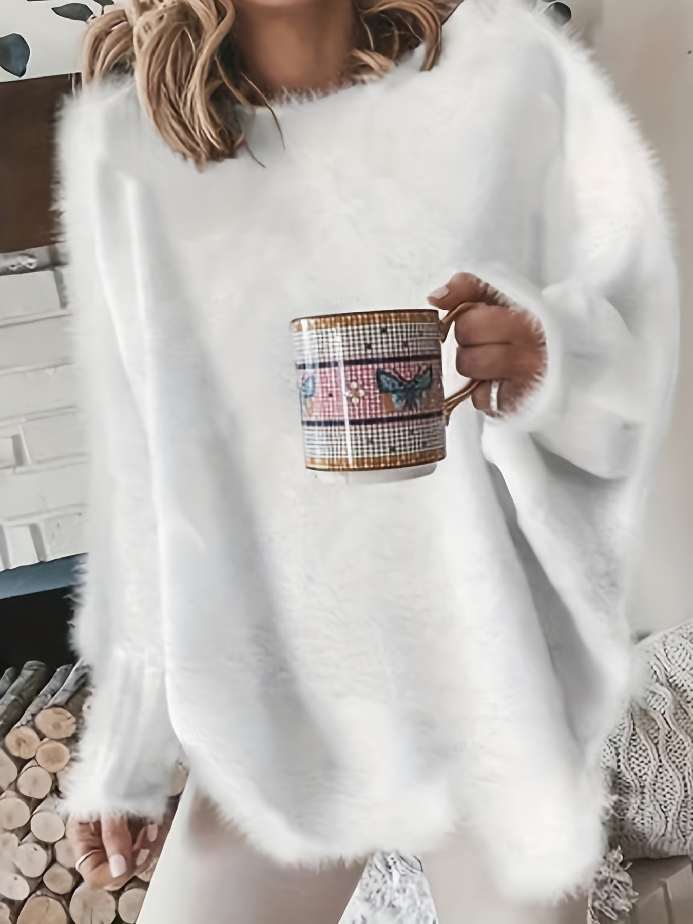 gbolsos Plus Size Casual Sweater, Women's Plus Solid Fluffy Round Neck Long Sleeve Sweater