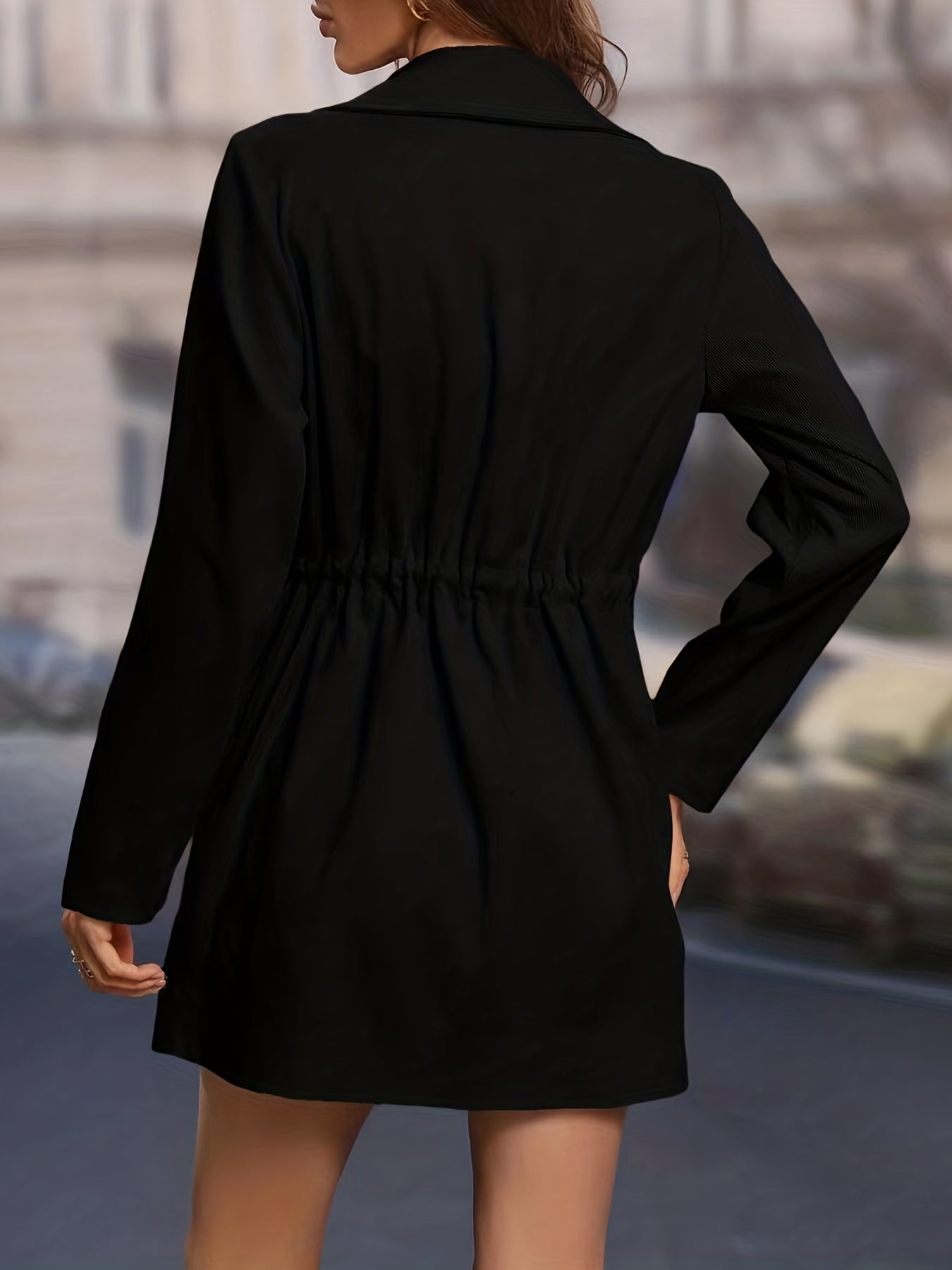 gbolsos Drawstring Lapel Coat, Elegant Solid Long Sleeve Outerwear, Women's Clothing