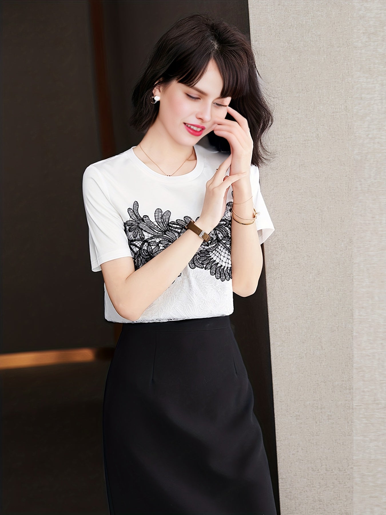 gbolsos Lace Contrast Crew Neck T-Shirt, Casual Short Sleeve T-Shirt For Spring & Summer, Women's Clothing