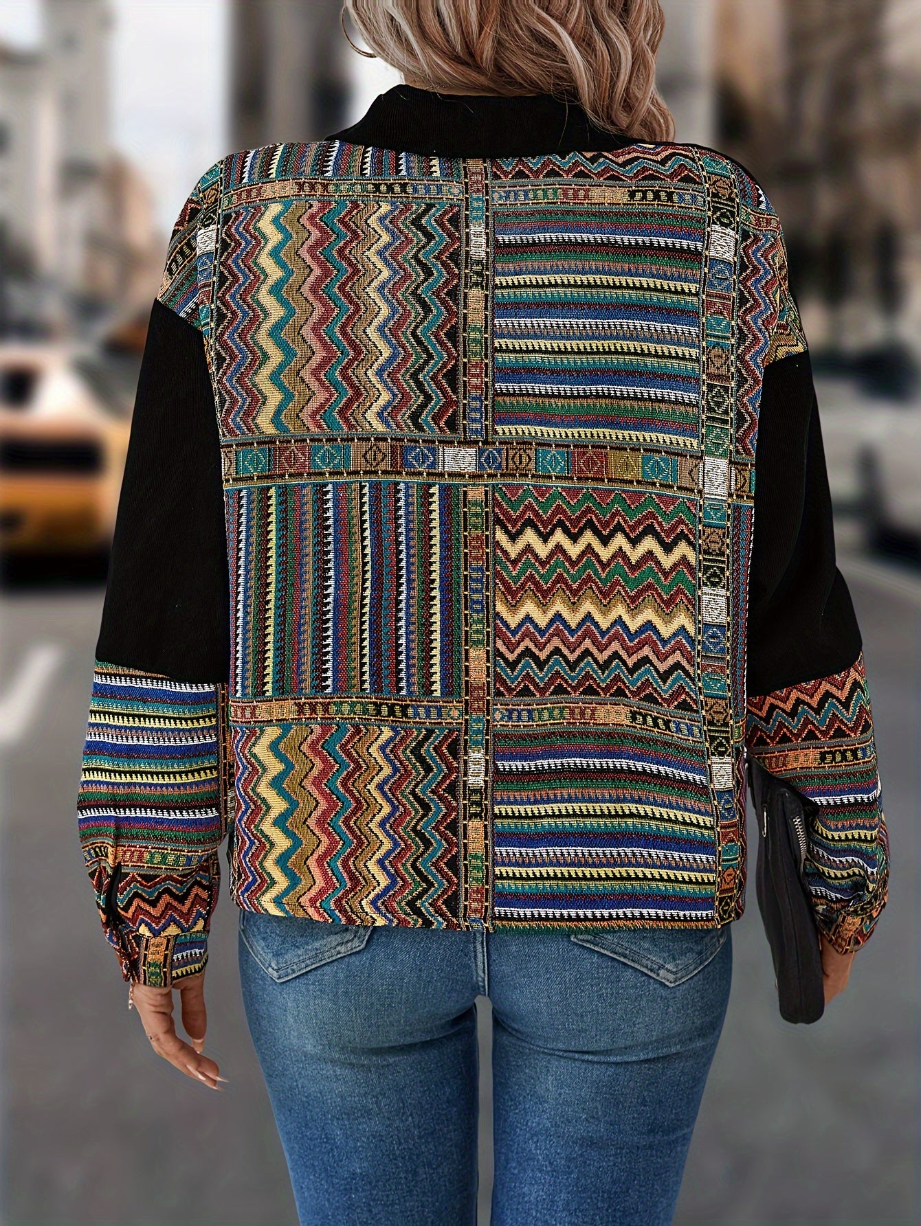 Patchwork Print Patched Pockets Jacket, Ethnic Color Block Single Button Jacket, Women's Clothing