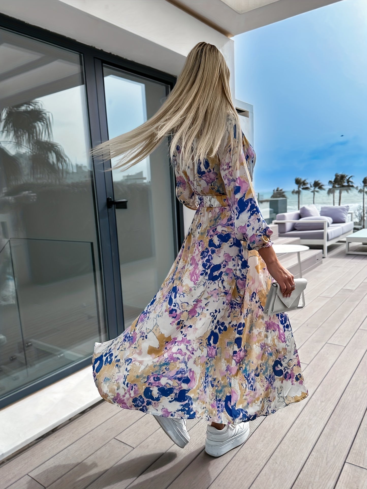 gbolsos Full Printed Surplice Neck Dress, Boho Long Sleeve Maxi Dress, Women's Clothing