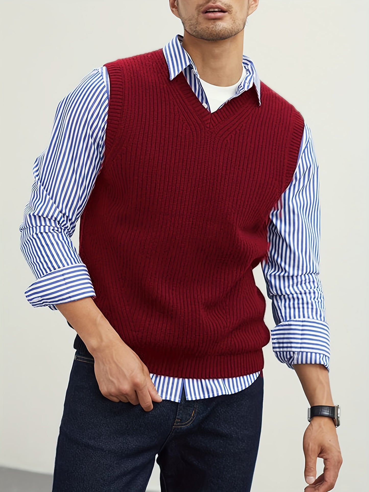gbolsos Men's V Neck Sweater Vest, Pullover Solid Color Sleeveless Sweaters Vest, Preppy Style
