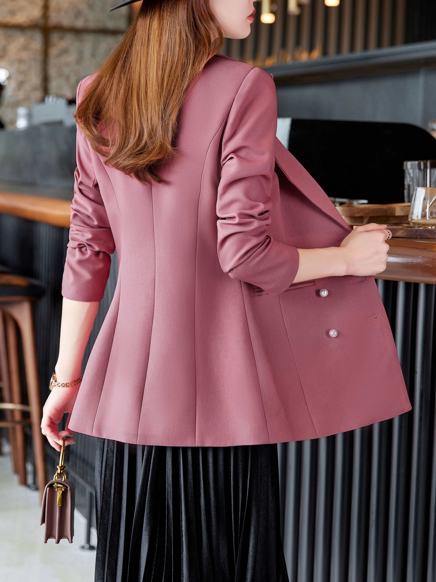 gbolsos Solid Lapel Beaded Button Blazer, Casual Long Sleeve Blazer For Office, Women's Clothing
