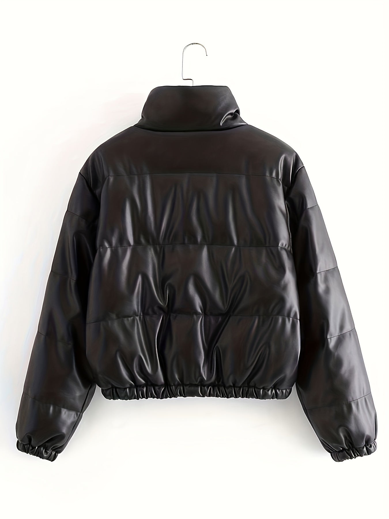 gbolsos Zip Up PU Coat, Casual High Neck Solid Long Sleeve Winter Outerwear, Women's Clothing