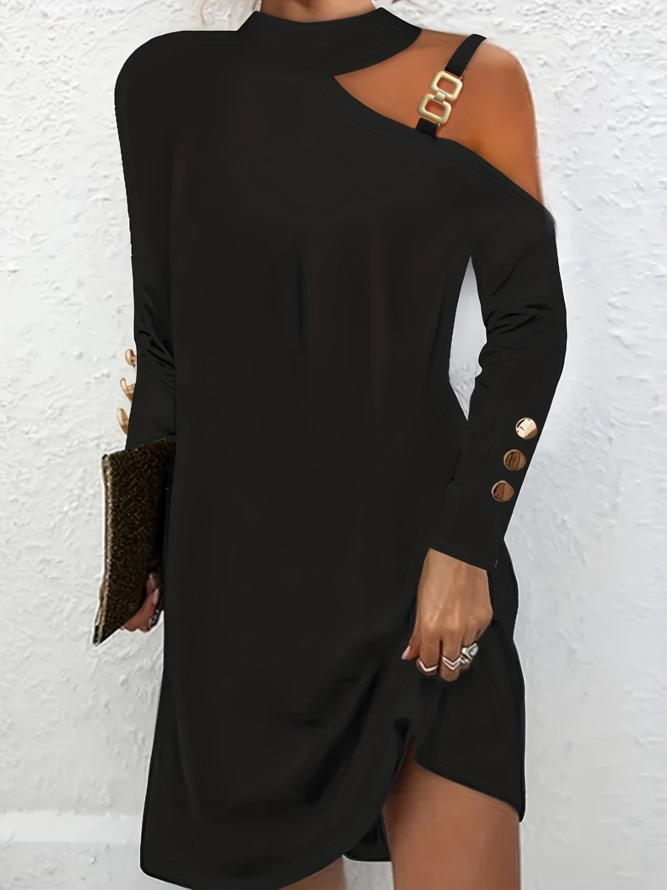 gbolsos Chain Linked Asymmetrical Dress, Casual Long Sleeve Bodycon Dress, Women's Clothing