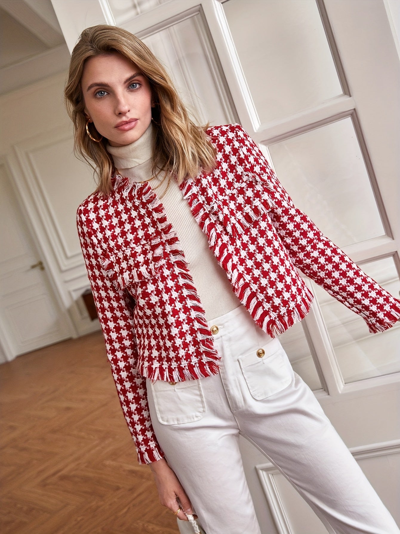 gbolsos Plaid Raw Hem Jacket, Casual Open Front Long Sleeve Outerwear, Women's Clothing