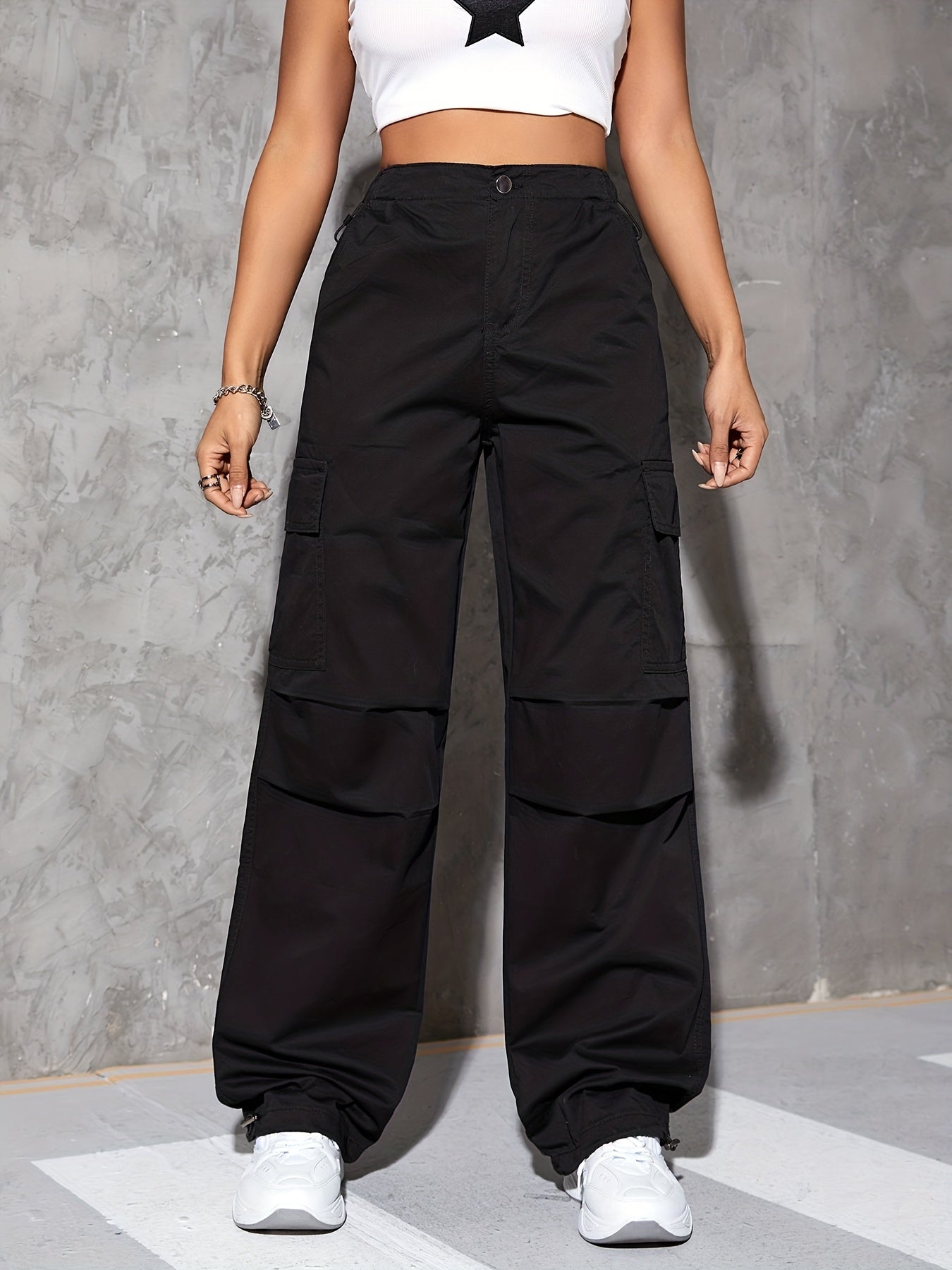 gbolsos Plain Drawstring Casual Cargo Pants, Loose Fit Flap Pockets Parachute Pants, Women's Denim Jeans & Clothing