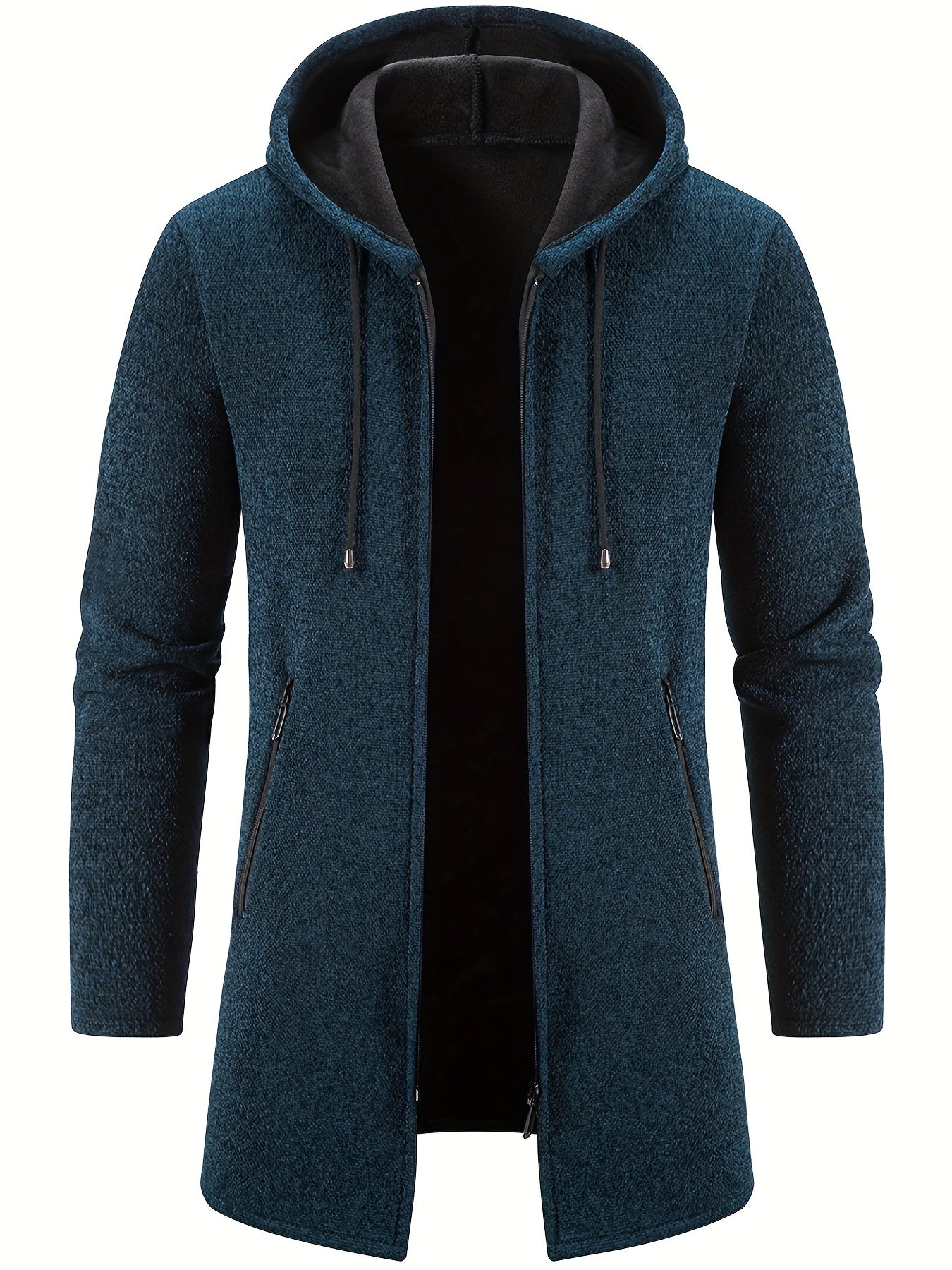 gbolsos Warm Mid-length Hooded Fleece Coat, Men's Comfortable Solid Color Zip Up Knitted Cardigan For Spring Fall