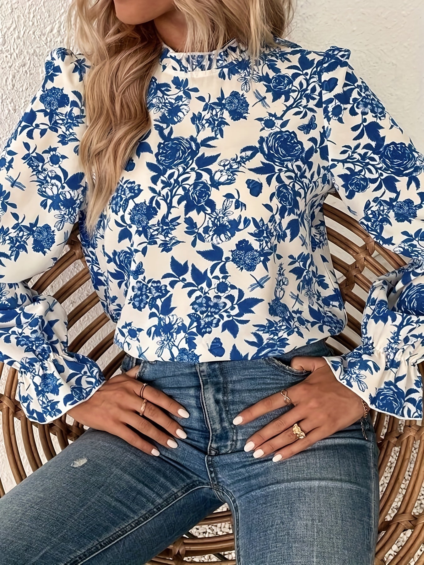 gbolsos Floral Print Keyhole Blouse, Casual High Neck Ruffle Long Sleeve Blouse, Women's Clothing