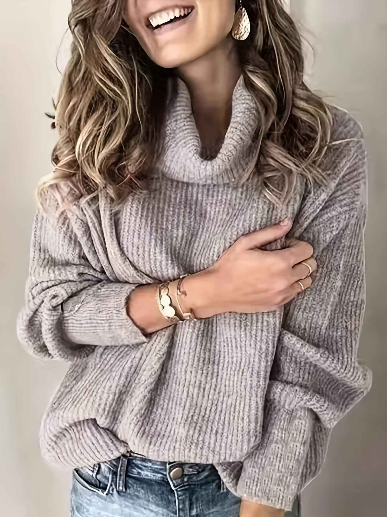 gbolsos Plus Size Casual Sweater, Women's Plus Solid Ribbed Turtle Neck Long Sleeve Medium Stretch Sweater