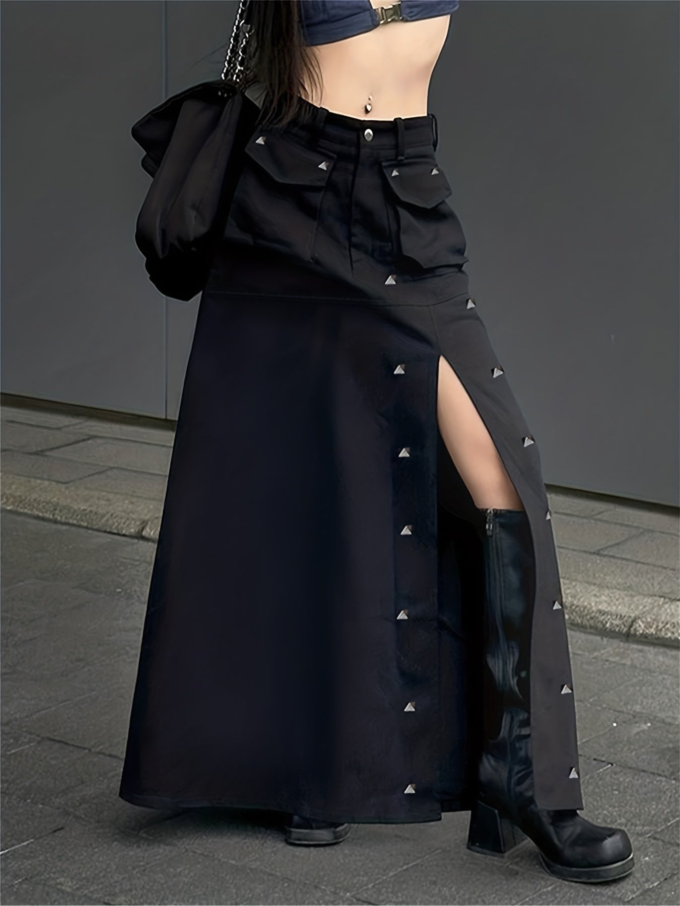 gbolsos Studded Flap Pocket Split Cargo Skirt, Y2K High Waist Loose Maxi Skirt, Women's Clothing