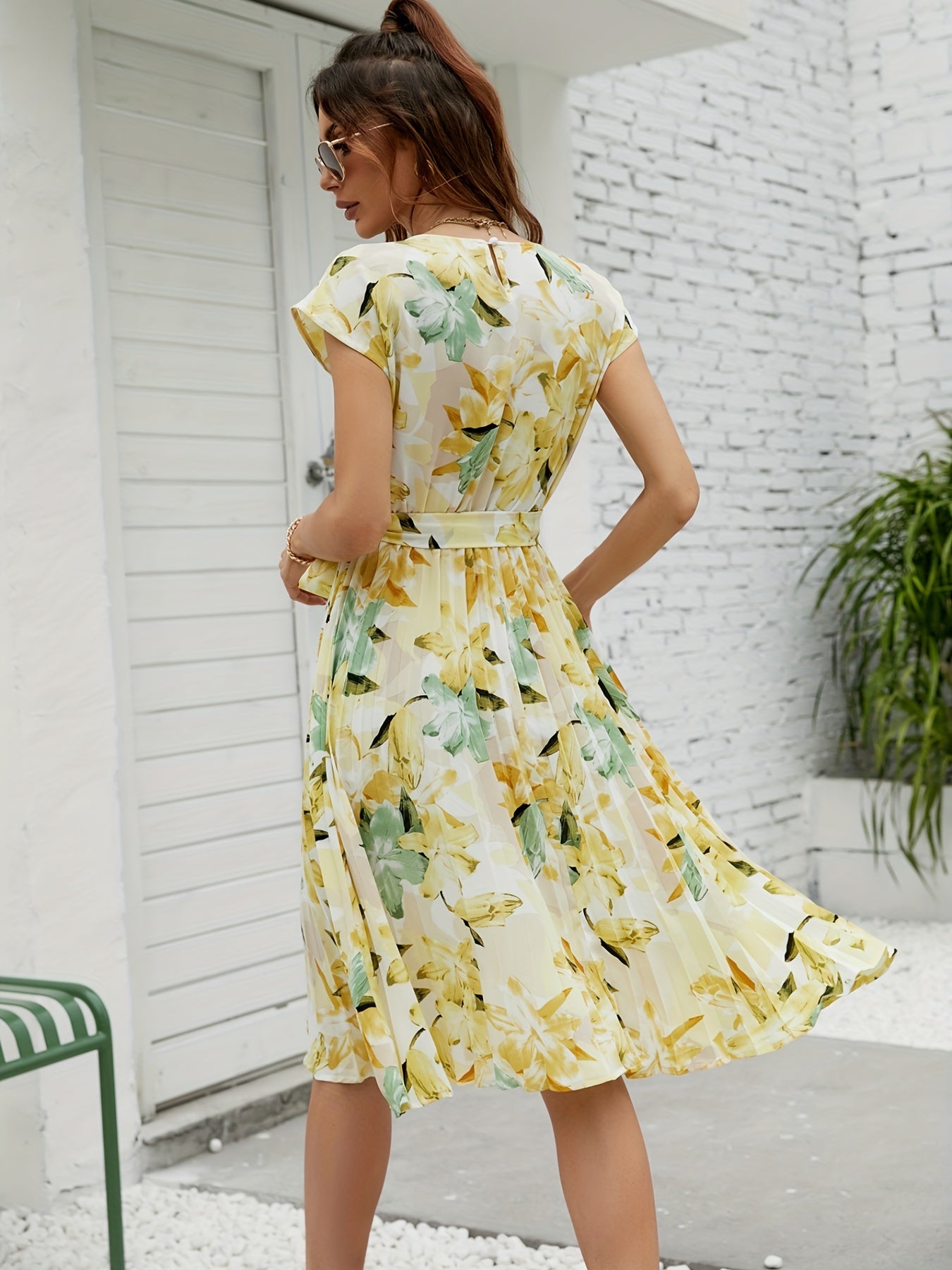 gbolsos Floral Print Pleated Belted Dress, Casual Short Sleeve Dress For Spring & Summer, Women's Clothing