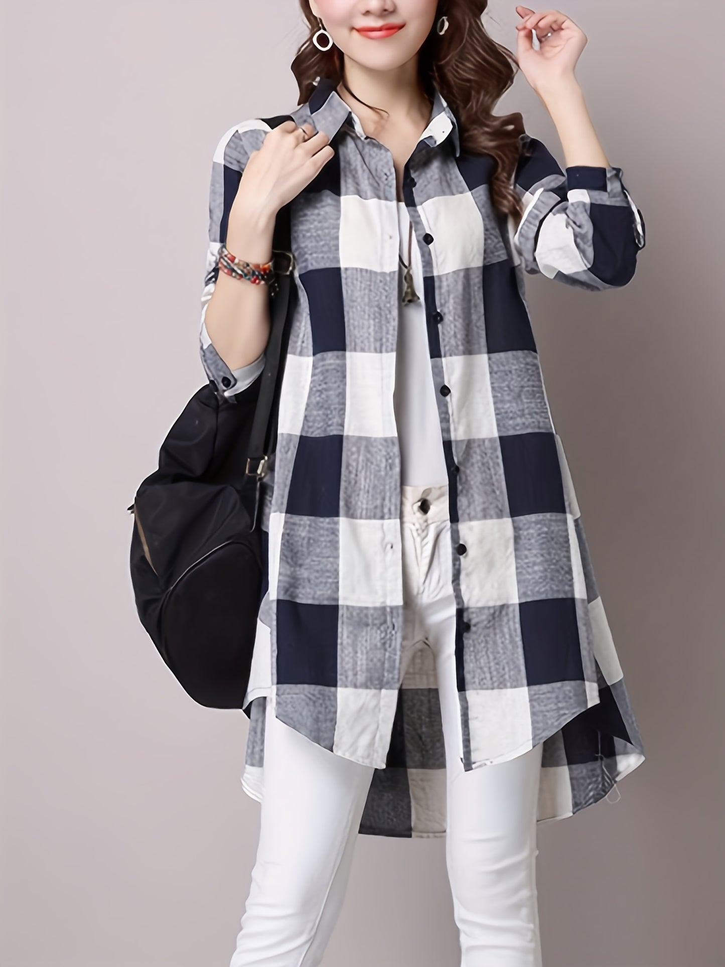 gbolsos Plaid Print Dipped Hem Shirt, Casual Mid Length Button Front Turn Down Collar Long Sleeve Shirt, Women's Clothing