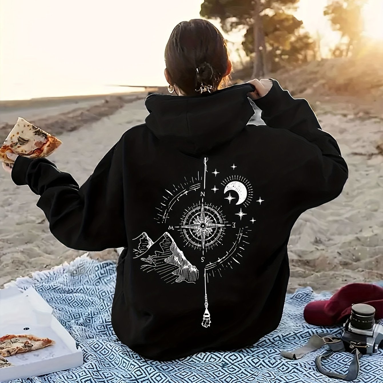 gbolsos Mountain & Moon Print Hoodie, Casual Long Sleeve Hooded Sweatshirt, Women's Clothing