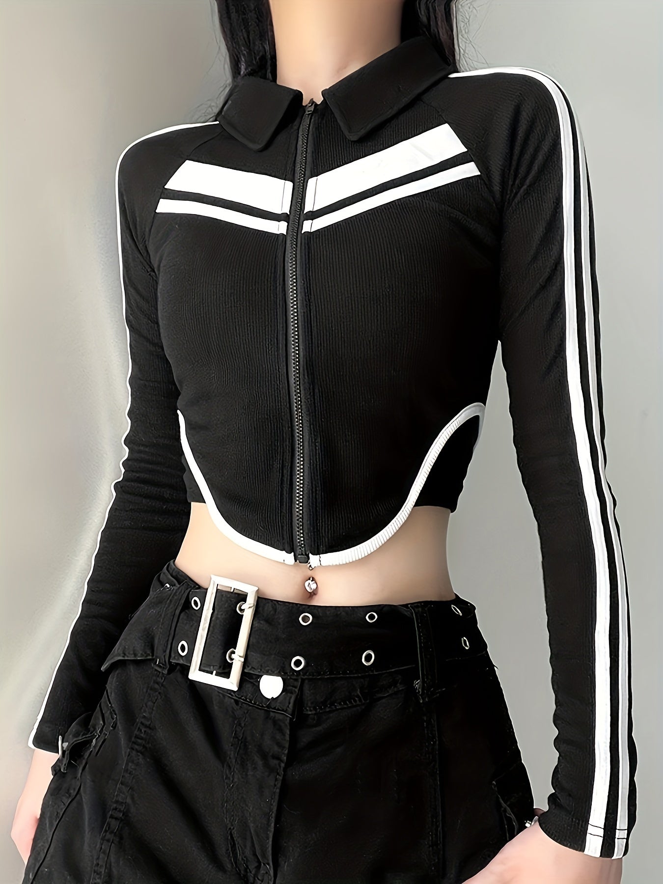 kkboxly Colorblock Ribbed Zip Front Crop T-Shirt, Y2K Long Sleeve Top For Spring & Fall, Women's Clothing