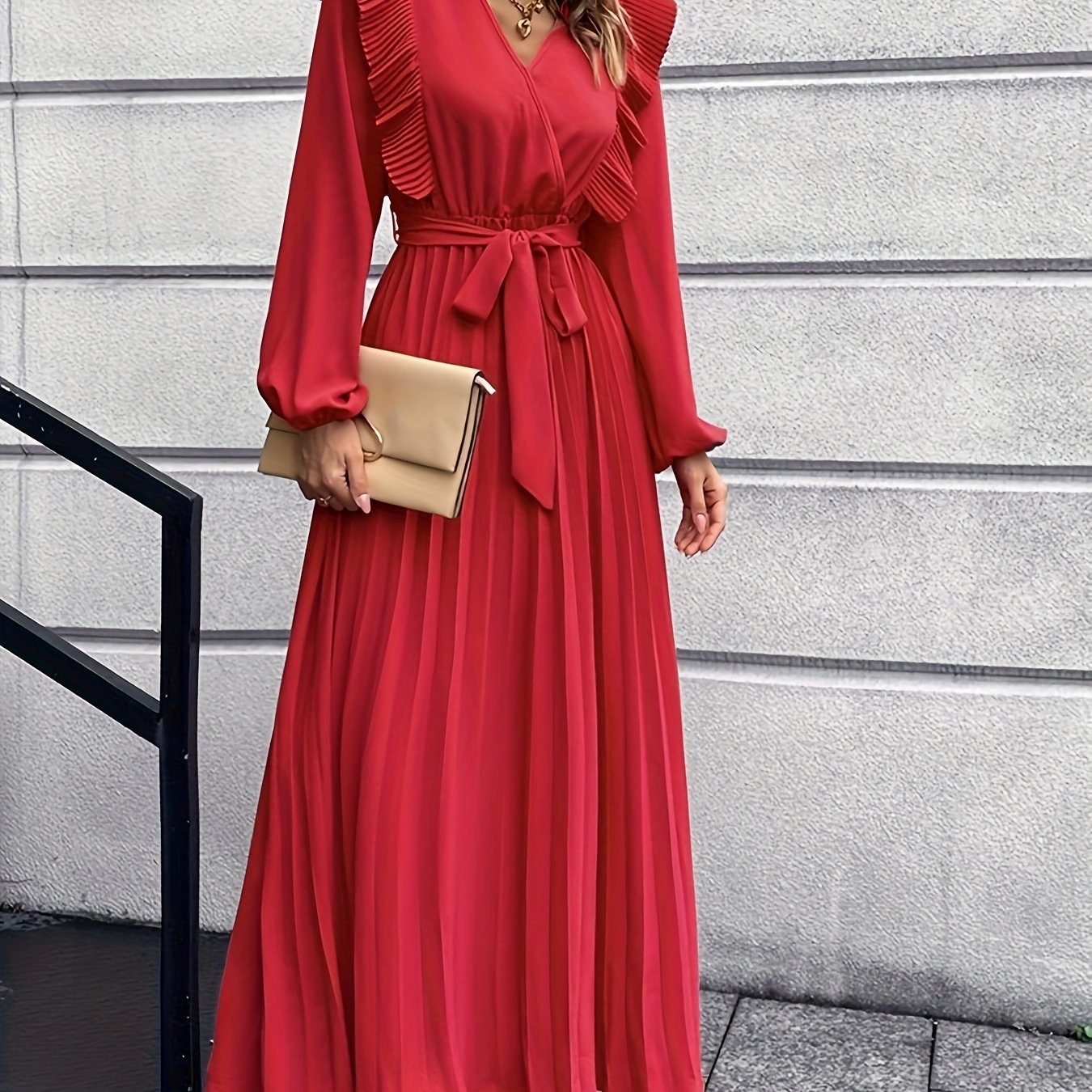 Ruffle Trim Pleated Dress, Casual V Neck Long Sleeve Solid Dress, Women's Clothing