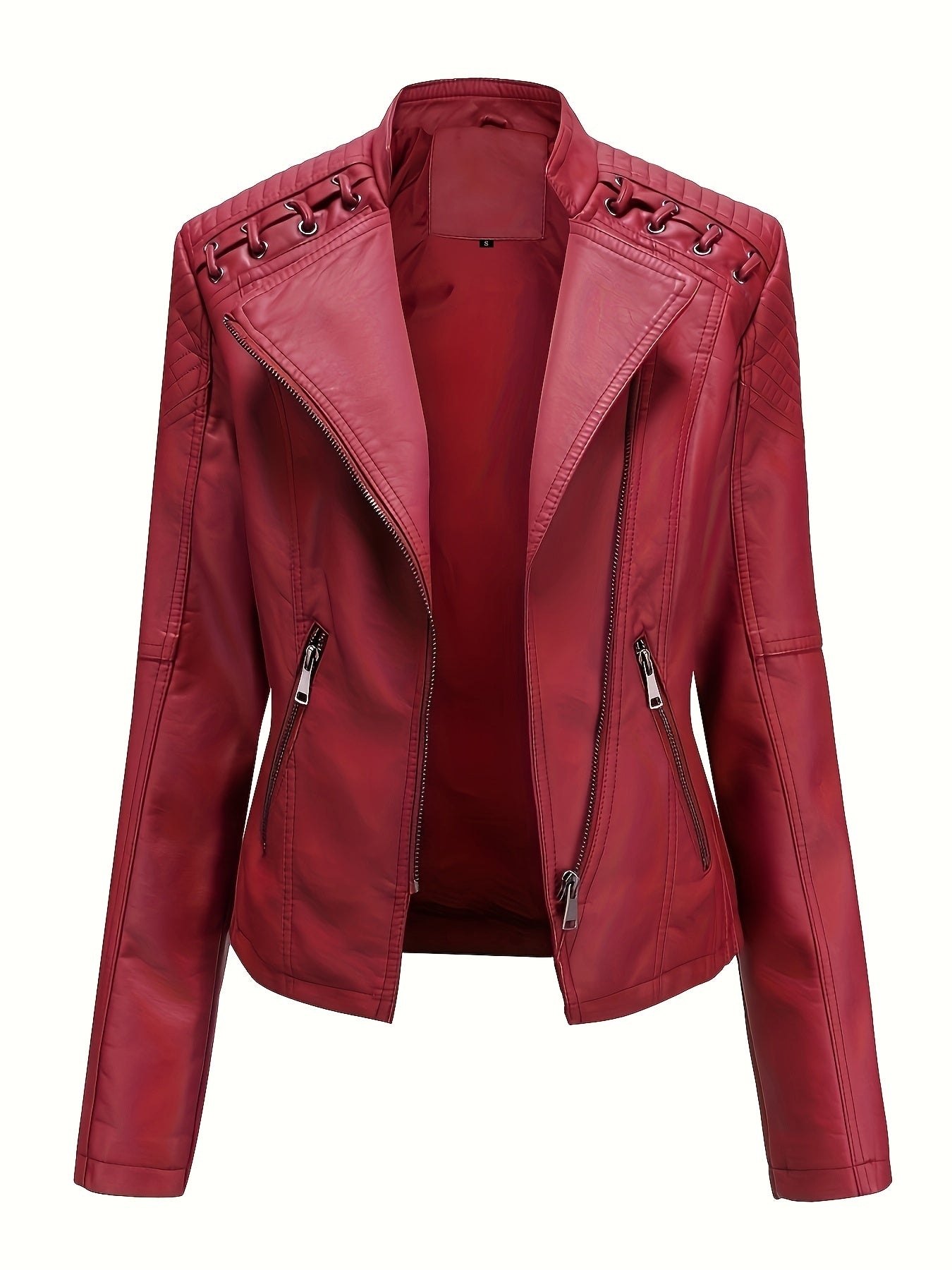 gbolsos Zipper Faux Leather Jacket, Casual Solid Long Sleeve Outerwear, Women's Clothing