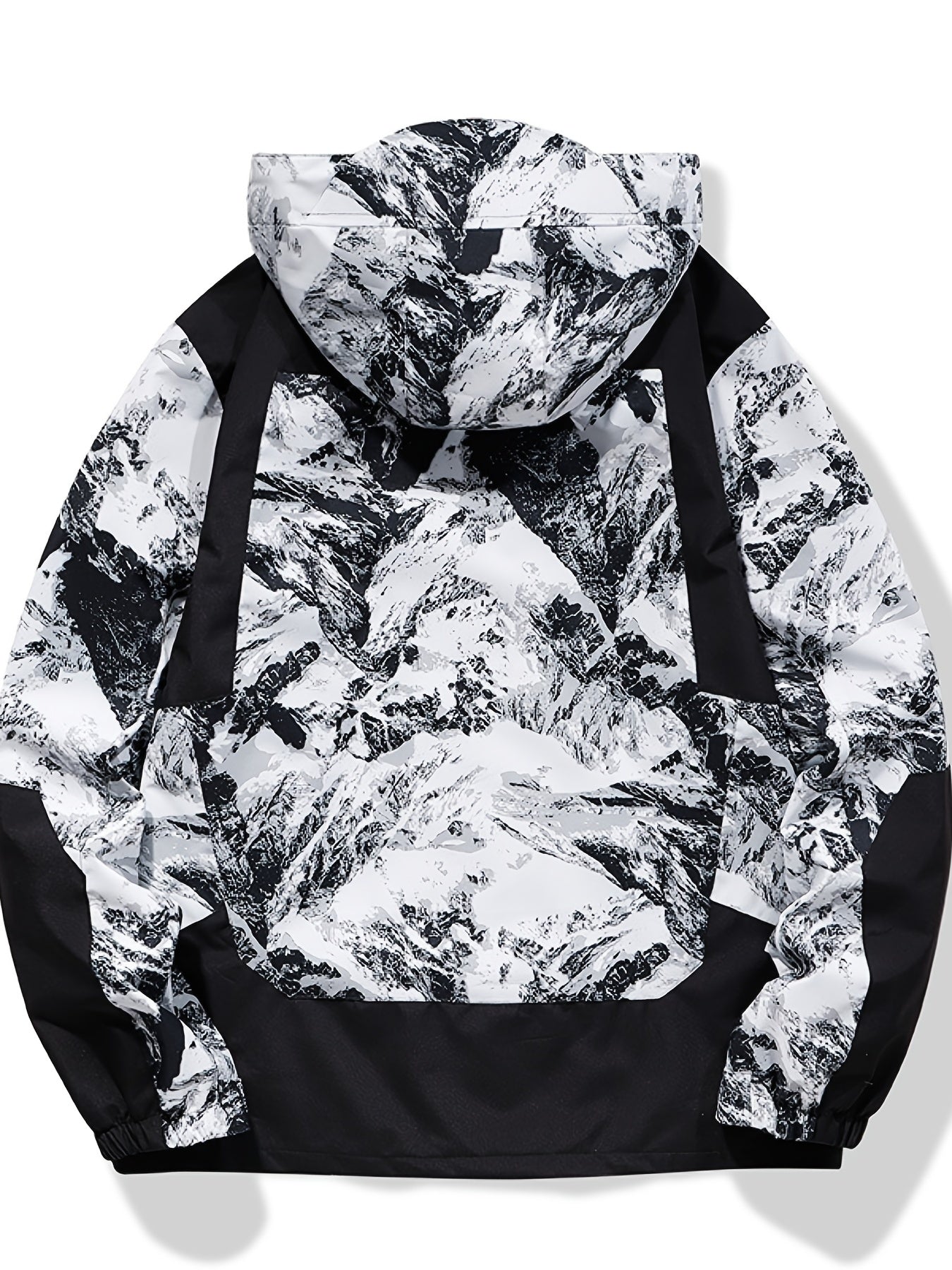 gbolsos Mountain Pattern Windbreaker Hooded Jacket, Men's Casual Zipper Pockets Jacket For Outdoor Activities