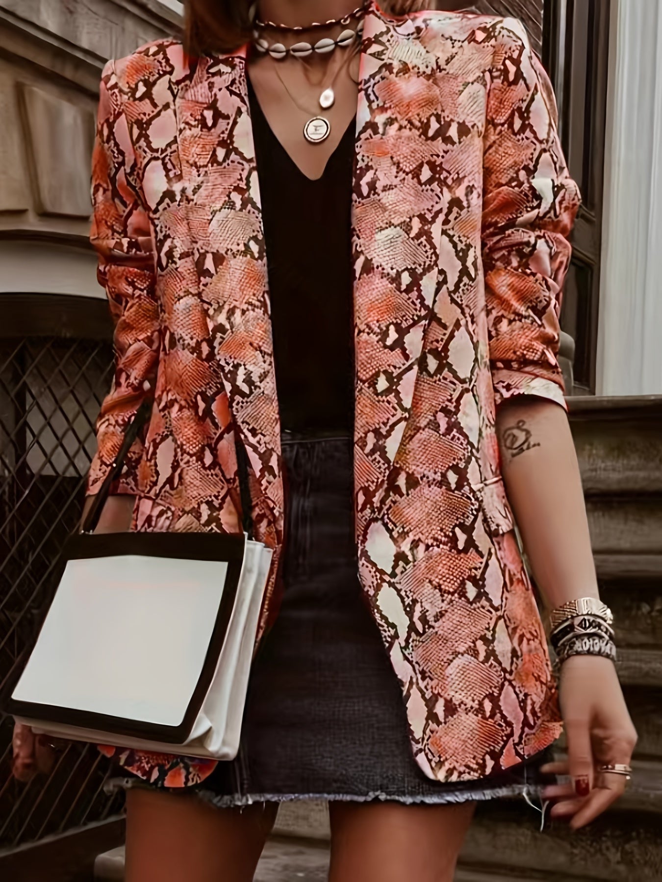Plus Size Casual Blazer, Women's Plus Snake Pattern Lapel Collar Open Front Long Sleeve Slim Fit Blazer