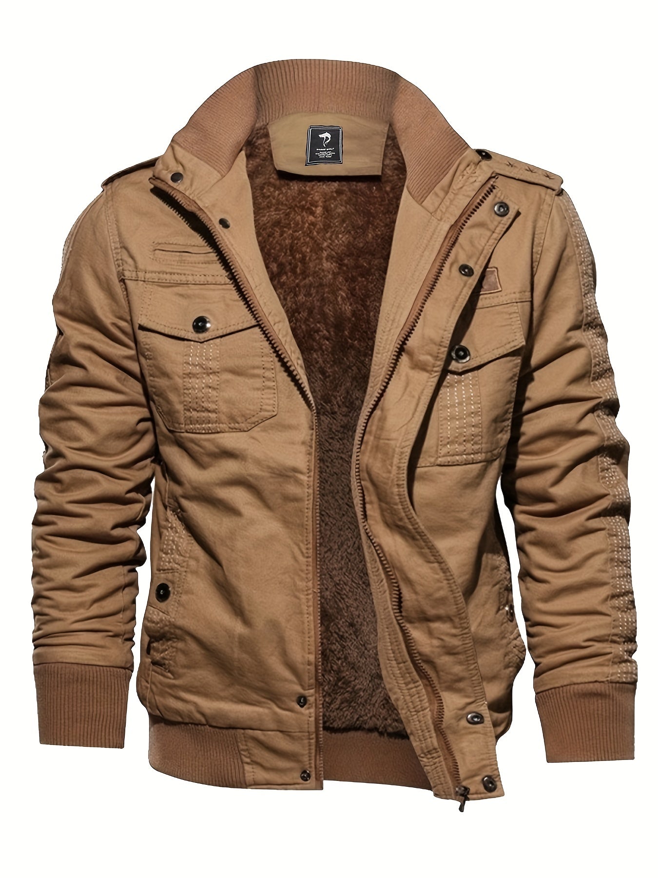gbolsos Warm Plush Fleece Cotton Jacket, Men's Casual Zipper Pockets Stand Collar Jacket Coat For Fall Winter