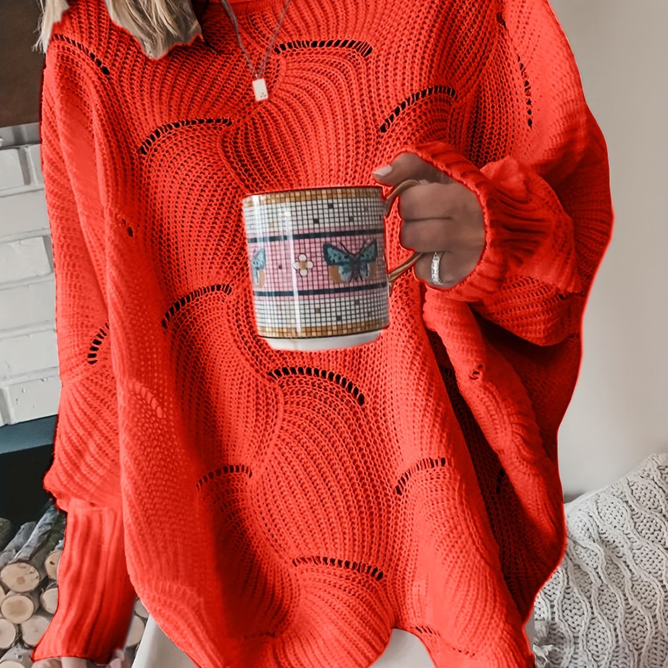 Solid Cutout Irregular Hem Knit Sweater, Casual Crew Neck Long Sleeve Pullover Sweater, Women's Clothing