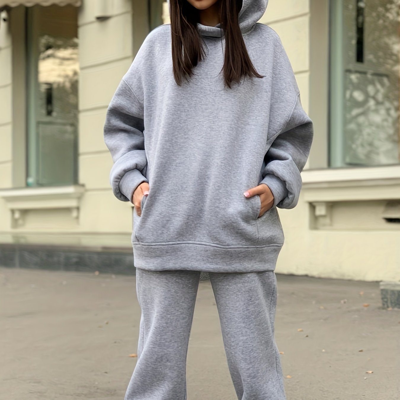 gbolsos Casual Sporty Two-piece Set, Pocket Hoodie Sweatshirt & Elastic High Waist Sweatpants Outfits, Women's Clothing