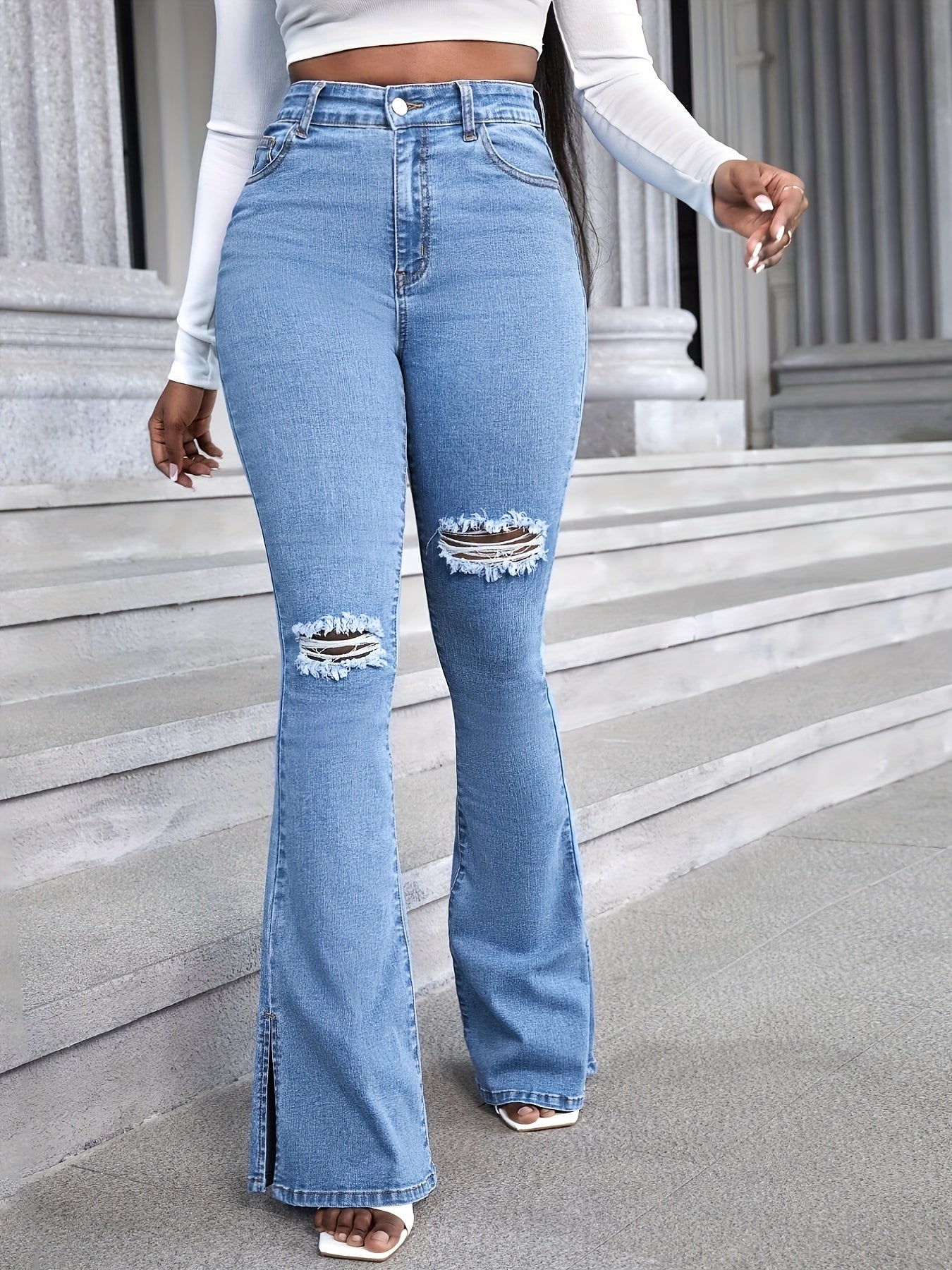 gbolsos Light Blue Ripped Flared Jeans, Bell Bottom High Waist Wide Legs Split Denim Pants, Women's Denim Jeans & Clothing
