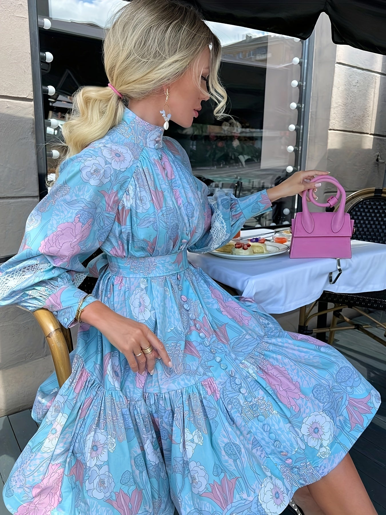 gbolsos Floral Print Button Front Dress, Elegant Pleated Long Sleeve High Collar Summer Dress, Women's Clothing