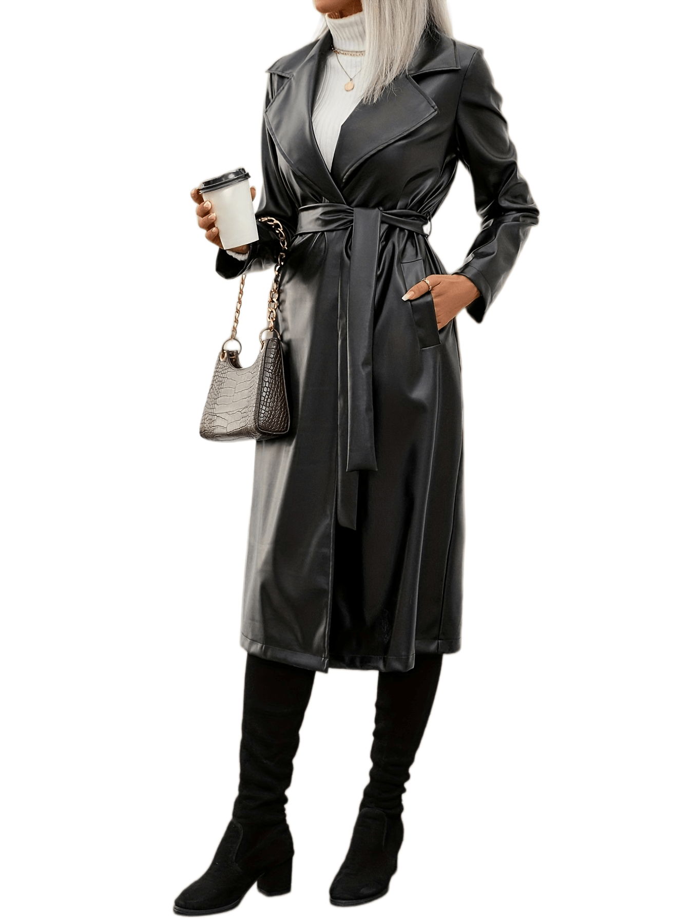 gbolsos Open Front Faux Leather Overcoat, Vintage Belted Open Front Lapel Solid Outwear, Women's Clothing