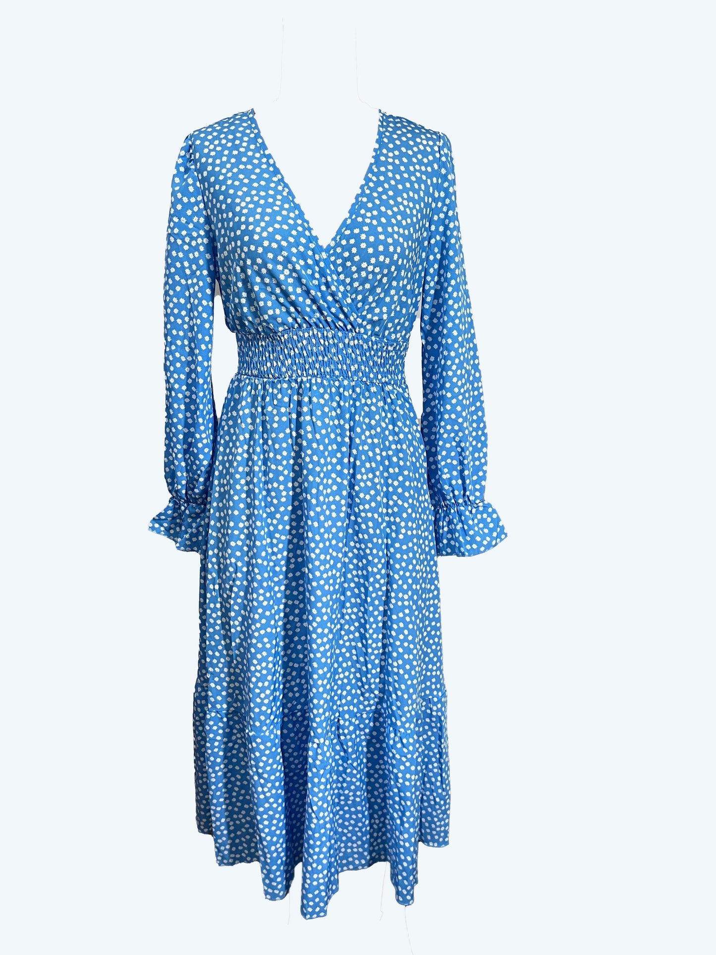 Pin Dot Print High Waist Dress, Elegant V Neck Long Sleeve Maxi Dress, Women's Clothing