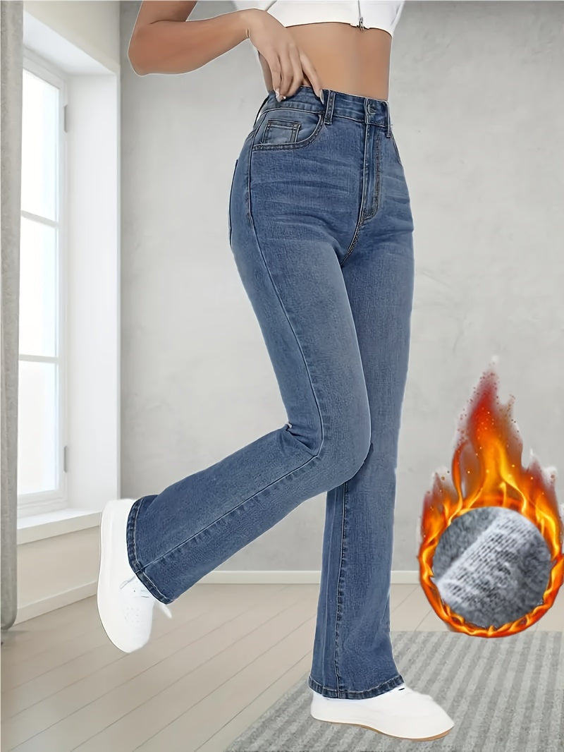 High Waist Warm Straight Jeans, Stylist Stretchy Elegant Winter Fleece Denim Pants, Women's Denim Jeans & Clothing