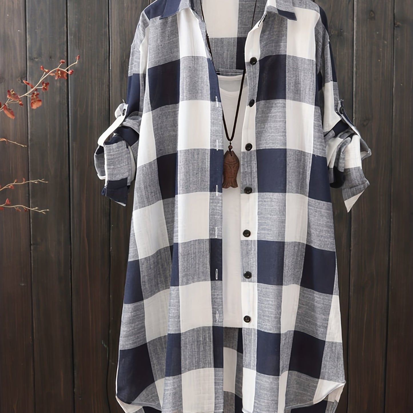 gbolsos Plaid Print Dipped Hem Shirt, Casual Mid Length Button Front Turn Down Collar Long Sleeve Shirt, Women's Clothing